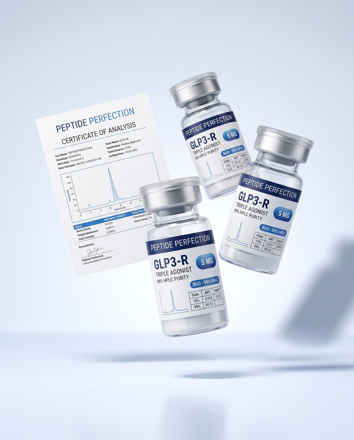 Peptide Perfection pre-filled pens beside a printed certificate of analysis
