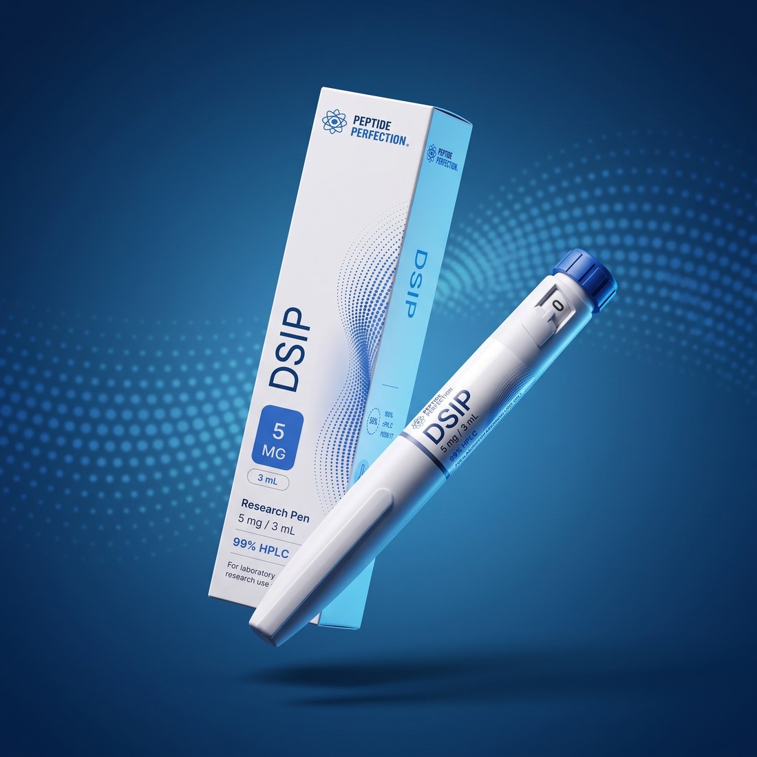 A Peptide Perfection pre-filled research pen beside its printed carton